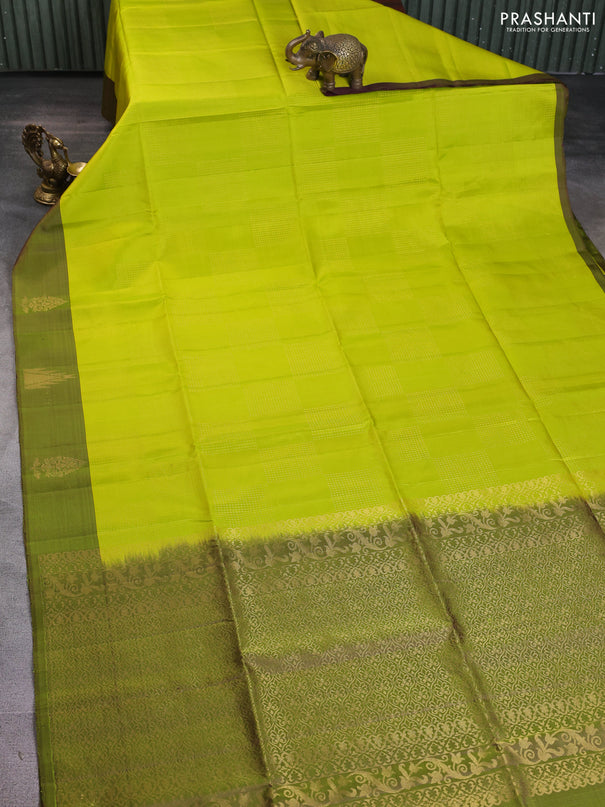 Pure soft silk saree lime green and sap green with box type zari woven buttas and temple zari woven butta border