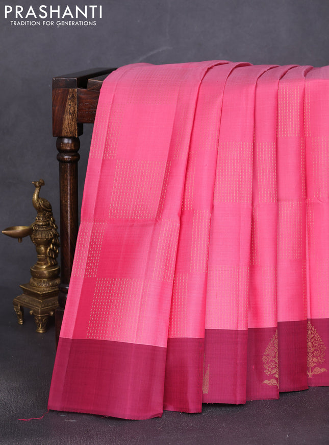 Pure soft silk saree peach pink and magenta pink with box type zari woven buttas and temple zari woven butta border
