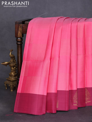 Pure soft silk saree peach pink and magenta pink with box type zari woven buttas and temple zari woven butta border