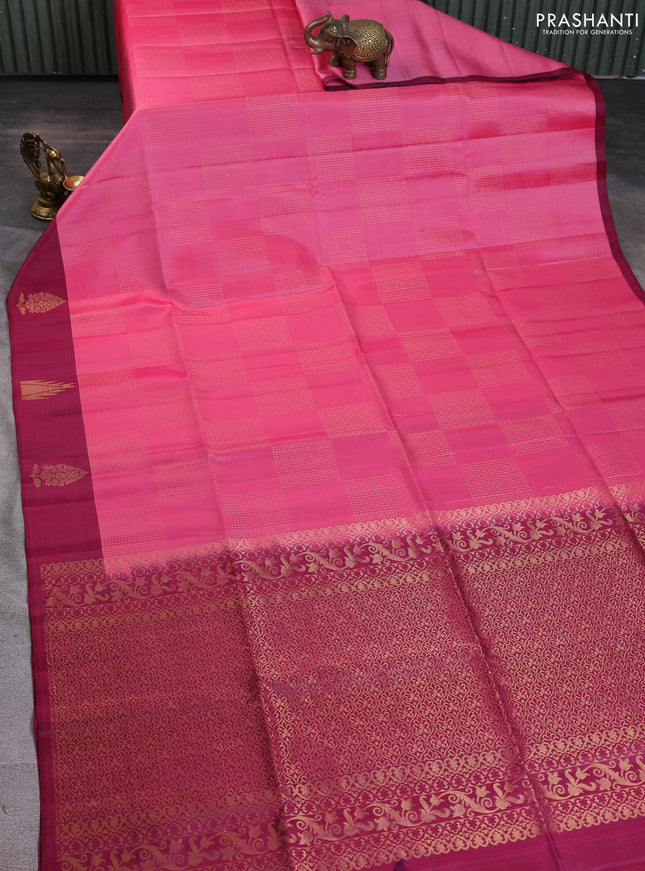 Pure soft silk saree peach pink and magenta pink with box type zari woven buttas and temple zari woven butta border