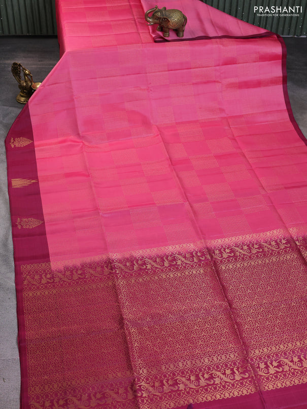 Pure soft silk saree peach pink and magenta pink with box type zari woven buttas and temple zari woven butta border