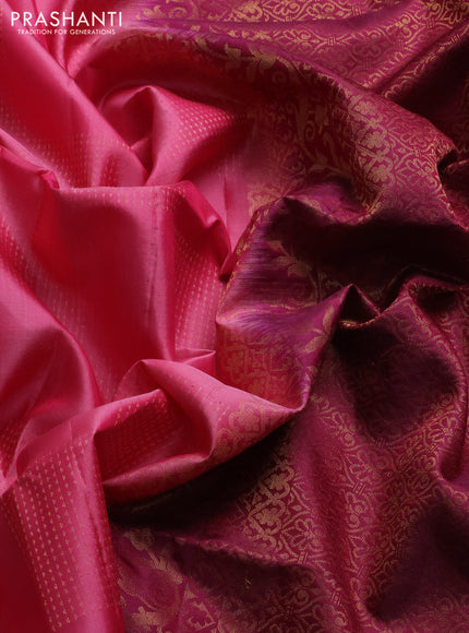 Pure soft silk saree peach pink and magenta pink with box type zari woven buttas and temple zari woven butta border