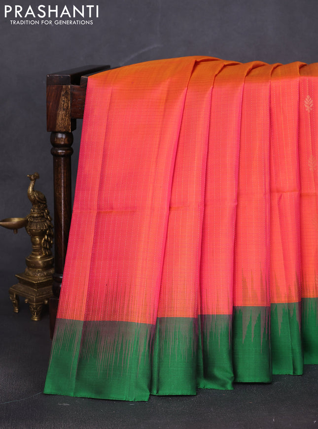 Pure soft silk saree dual shade of peach pink and green with allover zari weaves & buttas and simple border