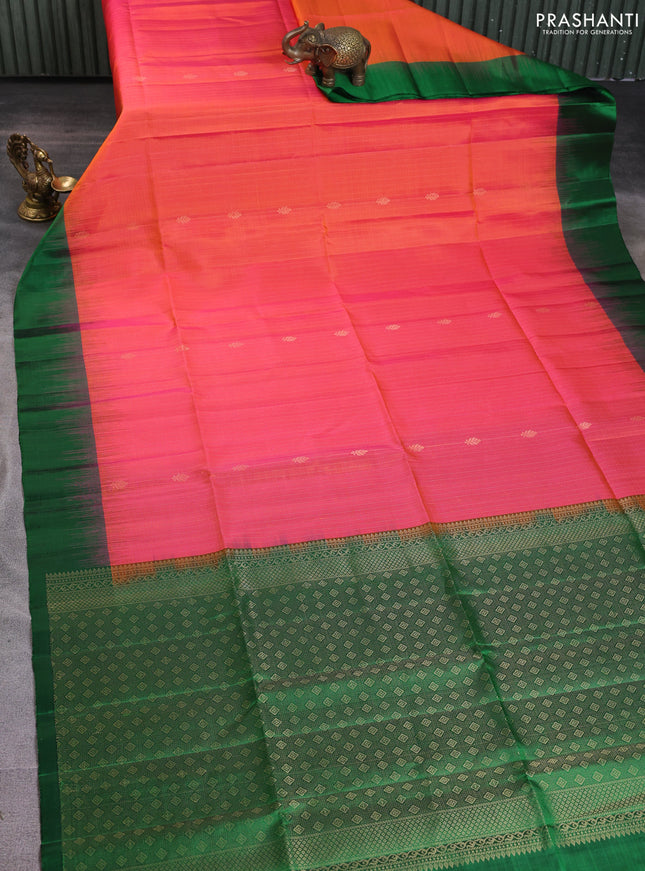 Pure soft silk saree dual shade of peach pink and green with allover zari weaves & buttas and simple border