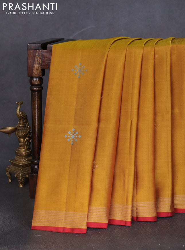 Pure soft silk saree dark mustard and maroon with zari woven buttas and zari woven border