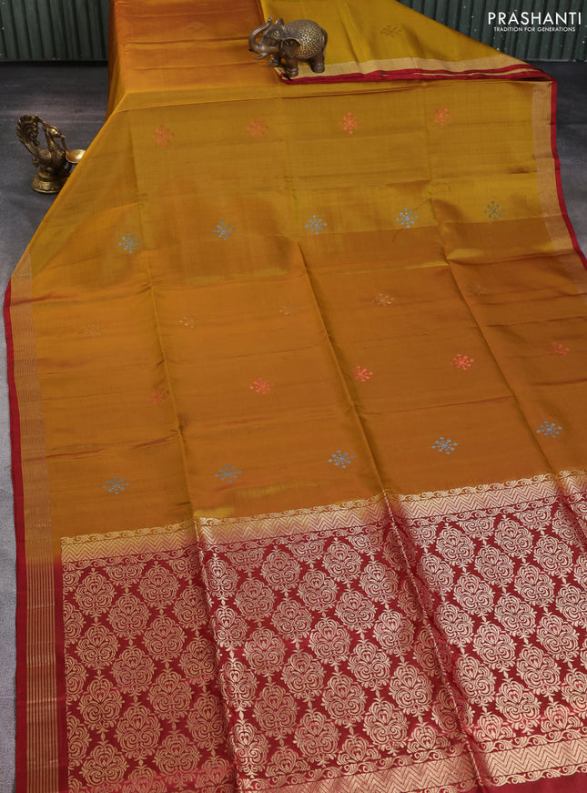 Pure soft silk saree dark mustard and maroon with zari woven buttas and zari woven border