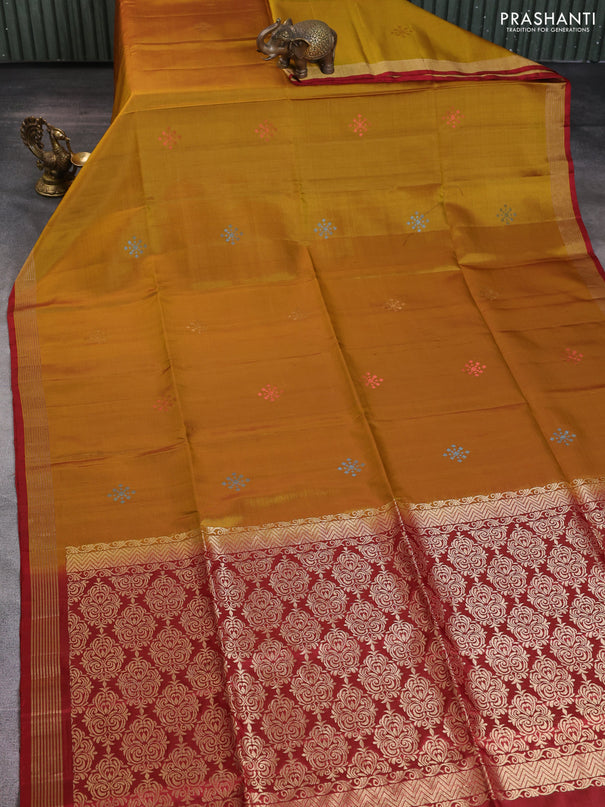 Pure soft silk saree dark mustard and maroon with zari woven buttas and zari woven border