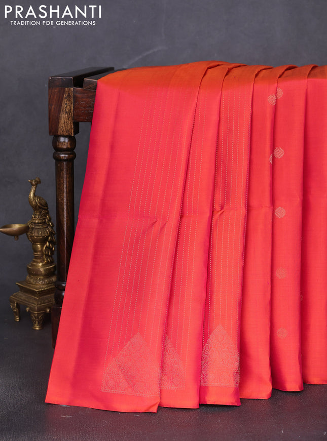 Pure soft silk saree dual shade of pinkish orange and purple with allover zari weaves & buttas in borderless style