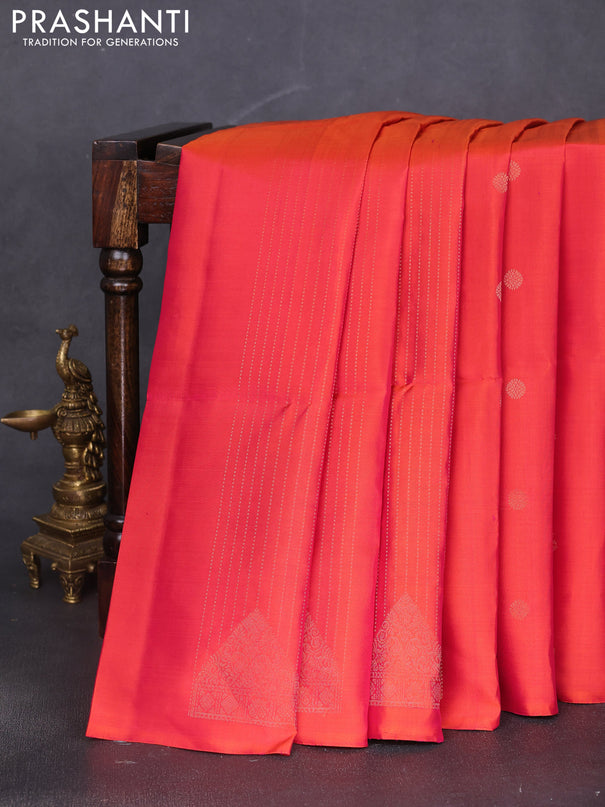 Pure soft silk saree dual shade of pinkish orange and purple with allover zari weaves & buttas in borderless style
