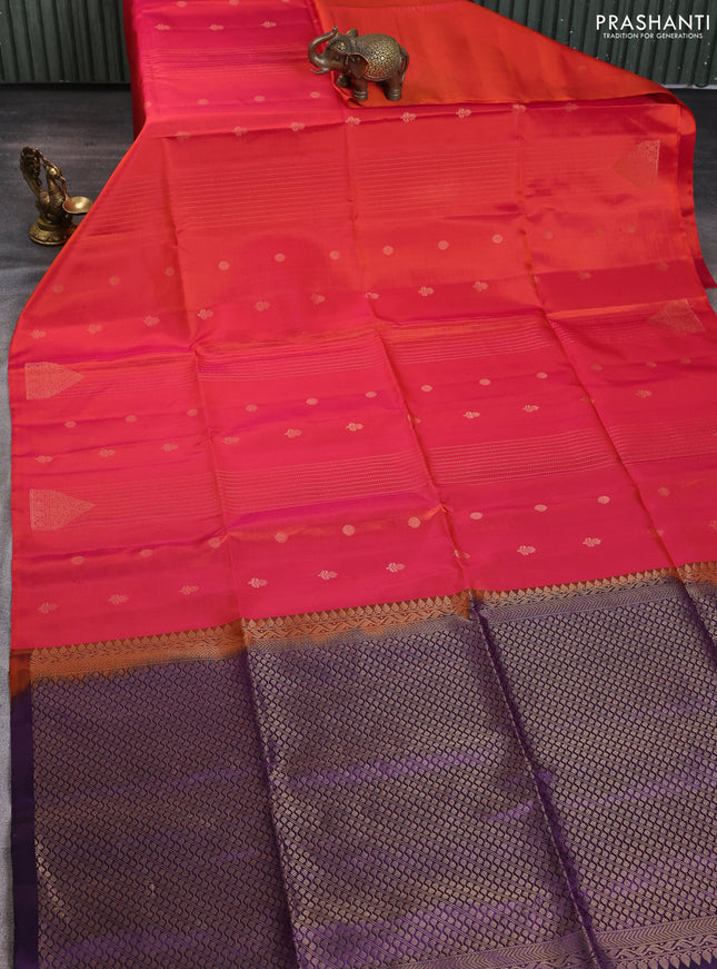 Pure soft silk saree dual shade of pinkish orange and purple with allover zari weaves & buttas in borderless style