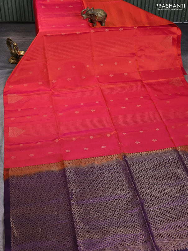 Pure soft silk saree dual shade of pinkish orange and purple with allover zari weaves & buttas in borderless style