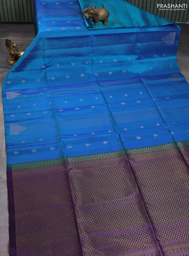 Pure soft silk saree dual shade of blue and violet with allover zari weaves & buttas in borderless style