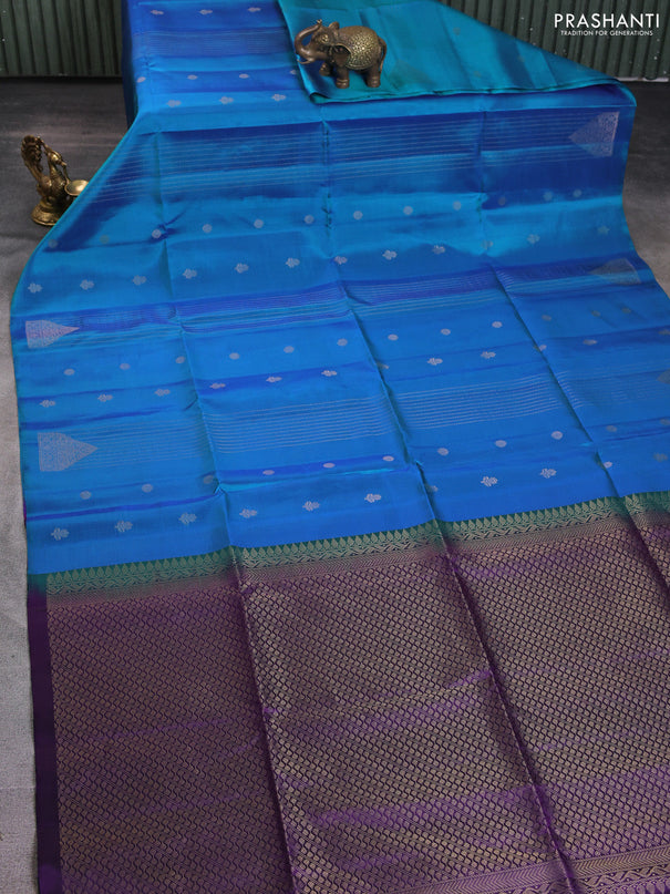Pure soft silk saree dual shade of blue and violet with allover zari weaves & buttas in borderless style