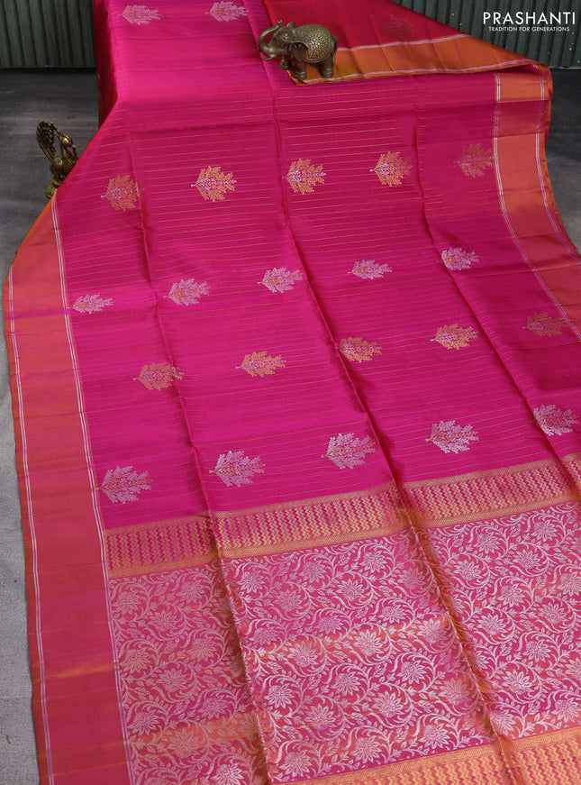 Pure soft silk saree pink and dual shade of pinkish yellow with allover zari weaves & buttas and zari woven border