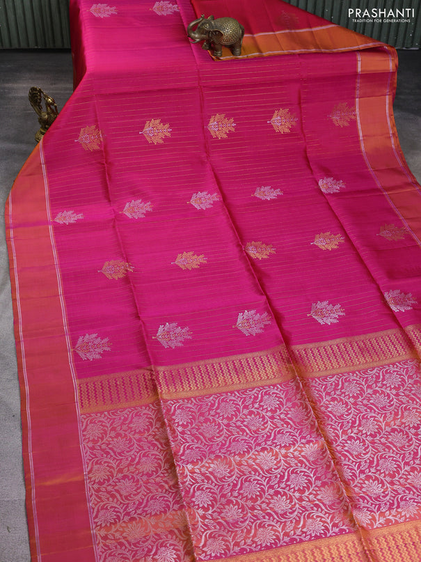 Pure soft silk saree pink and dual shade of pinkish yellow with allover zari weaves & buttas and zari woven border