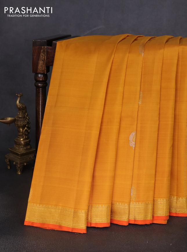 Pure kanchipuram silk saree mustard yellow and orange with silver & gold zari woven buttas and zari woven border