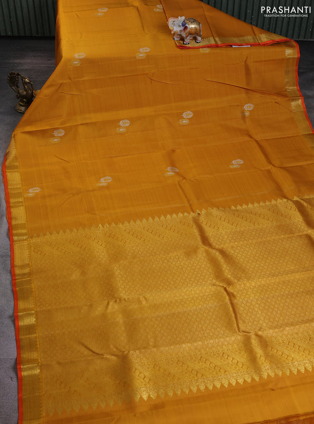 Pure kanchipuram silk saree mustard yellow and orange with silver & gold zari woven buttas and zari woven border