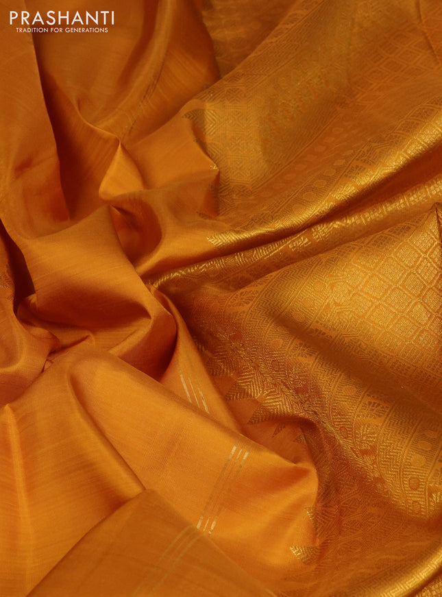 Pure kanchipuram silk saree mustard yellow and orange with silver & gold zari woven buttas and zari woven border
