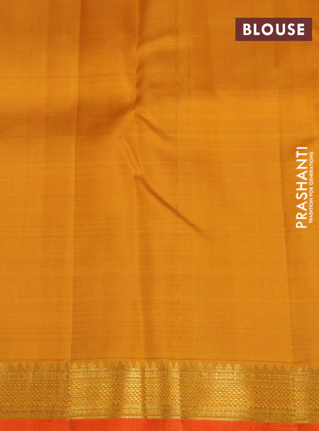 Pure kanchipuram silk saree mustard yellow and orange with silver & gold zari woven buttas and zari woven border
