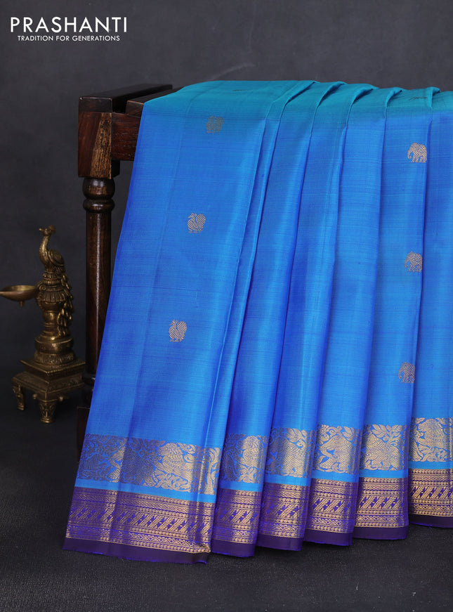 Pure kanchipuram silk saree dual shade of blue and dark blue with zari woven buttas and rich zari woven border