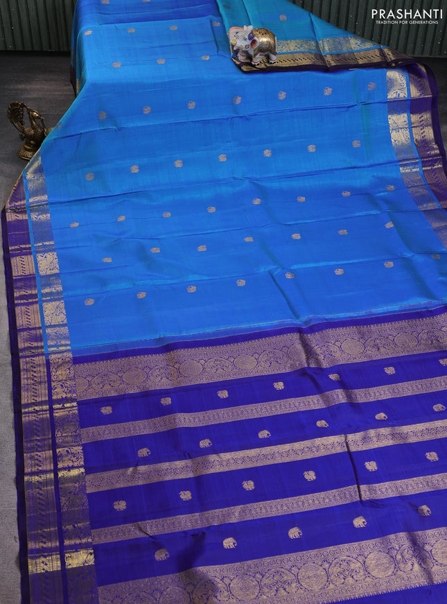 Pure kanchipuram silk saree dual shade of blue and dark blue with zari woven buttas and rich zari woven border
