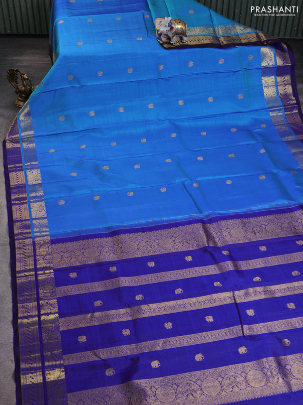 Pure kanchipuram silk saree dual shade of blue and dark blue with zari woven buttas and rich zari woven border