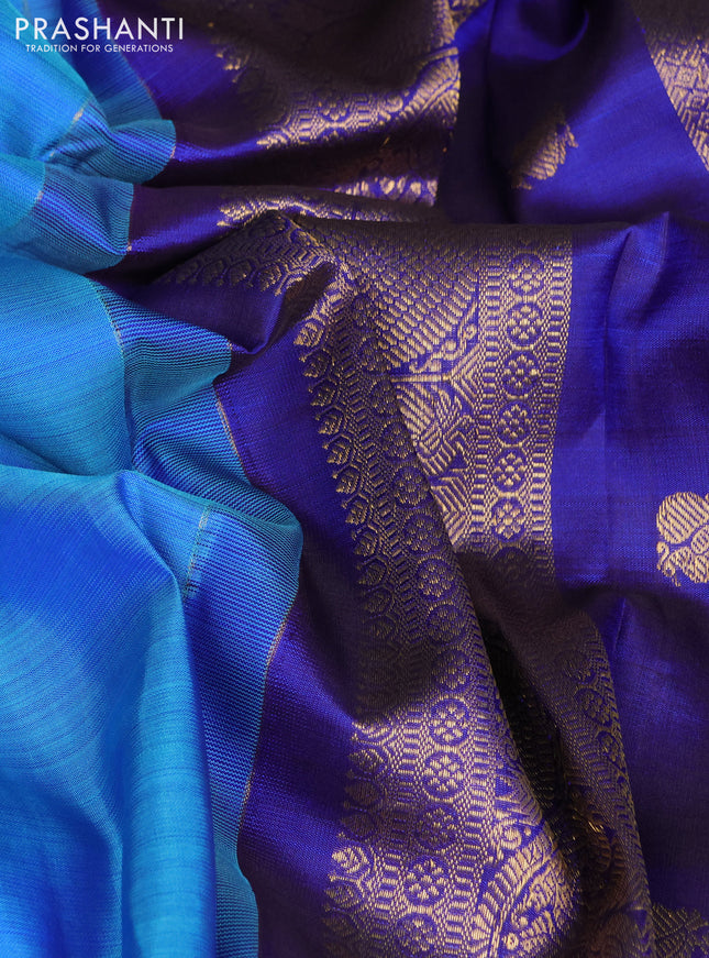 Pure kanchipuram silk saree dual shade of blue and dark blue with zari woven buttas and rich zari woven border