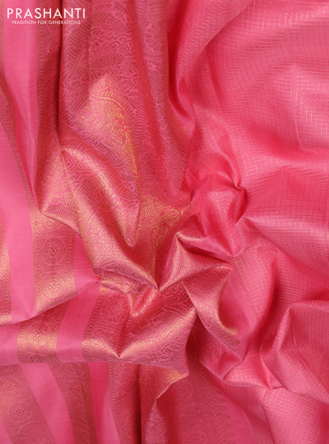 Pure kanchipuram silk saree peach pink with allover small zari woven checked pattern and rich zari woven border