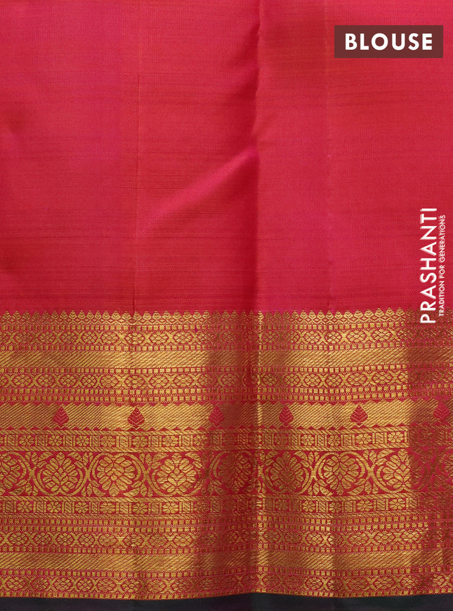 Pure kanchipuram silk saree dual shade of pinkish orange and dual shade of green with zari woven buttas and rich zari woven border