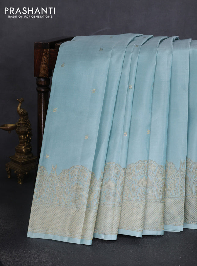Pure kanchipuram silk saree pastel blue with zari woven buttas and rich zari woven border