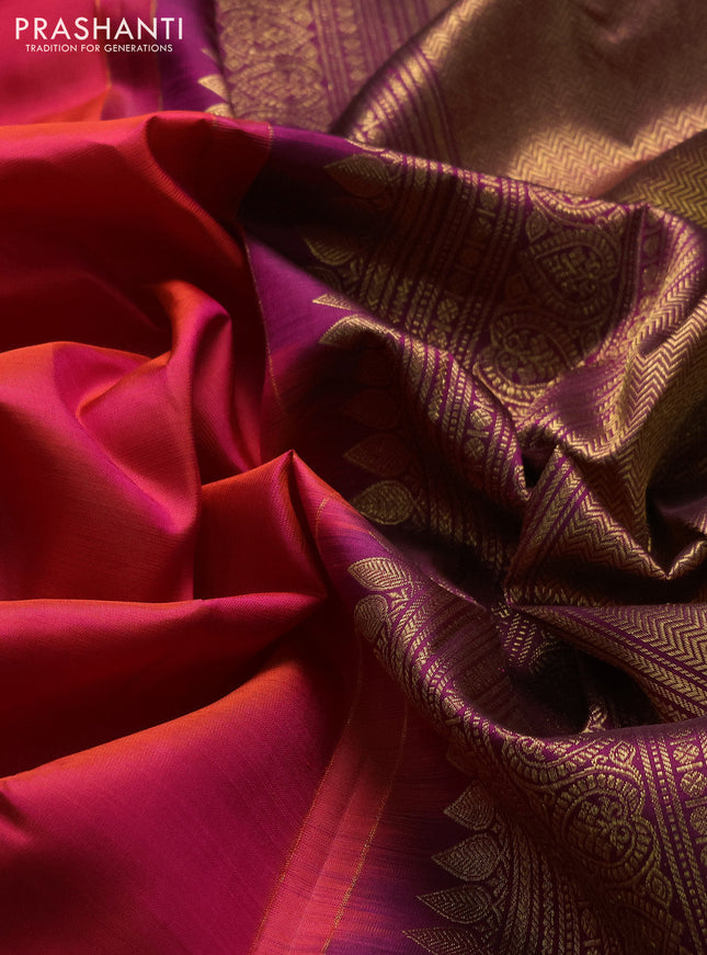 Pure kanchipuram silk saree dual shade of pinkish orange and wine shade with zari woven buttas and rich zari woven border