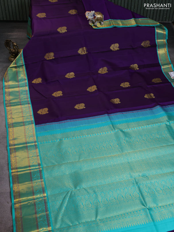 Pure kanchipuram silk saree violet and teal green shade with annam zari woven buttas and rich zari woven korvai border