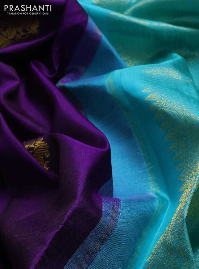 Pure kanchipuram silk saree violet and teal green shade with annam zari woven buttas and rich zari woven korvai border