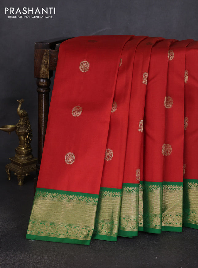 Pure kanchipuram silk saree red and green with annam & rudhraksha zari woven buttas and rich zari woven border