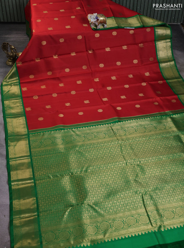 Pure kanchipuram silk saree red and green with annam & rudhraksha zari woven buttas and rich zari woven border