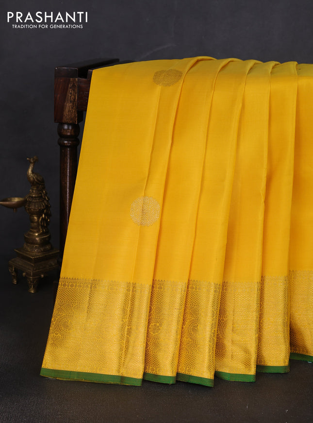 Pure kanchipuram silk saree yellow and green with zari woven buttas and zari woven border