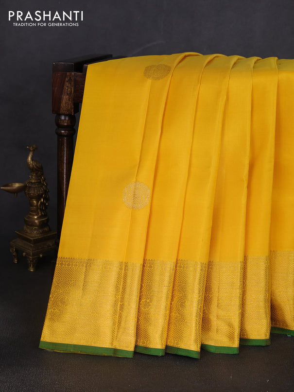 Pure kanchipuram silk saree yellow and green with zari woven buttas and zari woven border