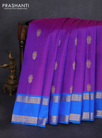 Pure kanchipuram silk saree purple and blue with zari woven buttas and rettapet zari woven border