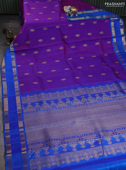 Pure kanchipuram silk saree purple and blue with zari woven buttas and rettapet zari woven border