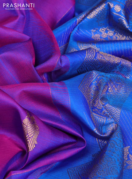 Pure kanchipuram silk saree purple and blue with zari woven buttas and rettapet zari woven border