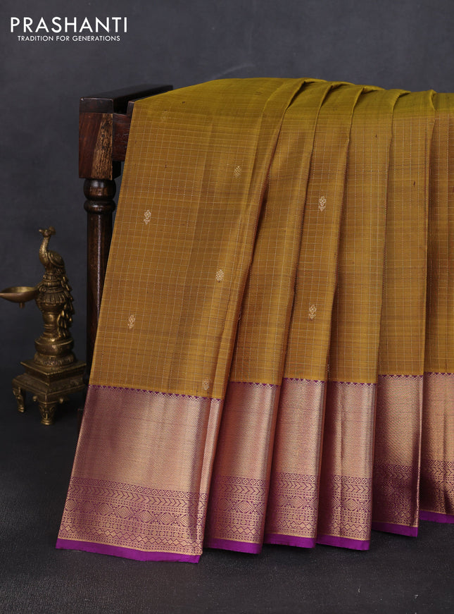 Pure kanchipuram silk saree mehendi green and purple with allover small zari checks & buttas and rich zari woven border