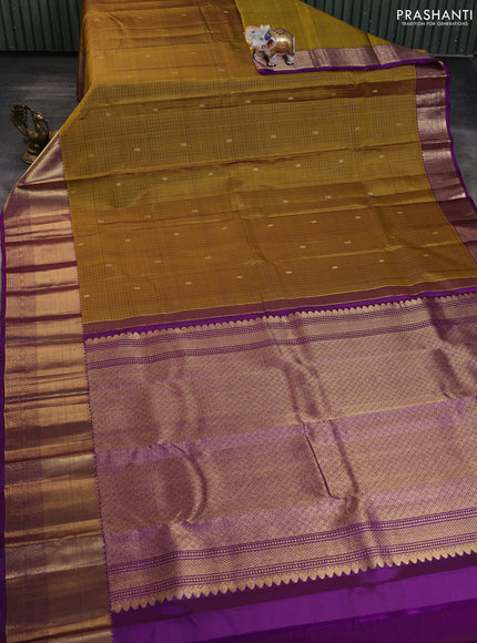 Pure kanchipuram silk saree mehendi green and purple with allover small zari checks & buttas and rich zari woven border