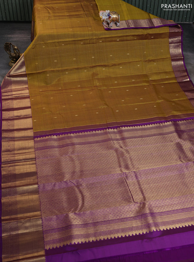 Pure kanchipuram silk saree mehendi green and purple with allover small zari checks & buttas and rich zari woven border
