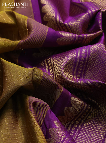Pure kanchipuram silk saree mehendi green and purple with allover small zari checks & buttas and rich zari woven border