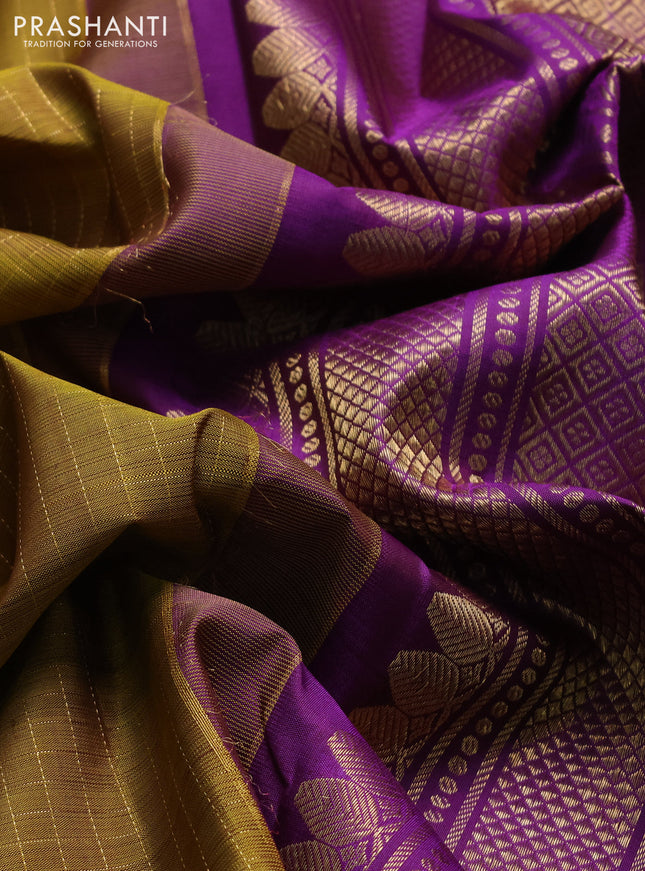 Pure kanchipuram silk saree mehendi green and purple with allover small zari checks & buttas and rich zari woven border