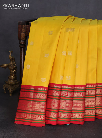 Pure kanchipuram silk saree yellow and red with zari woven buttas and long zari woven korvai border