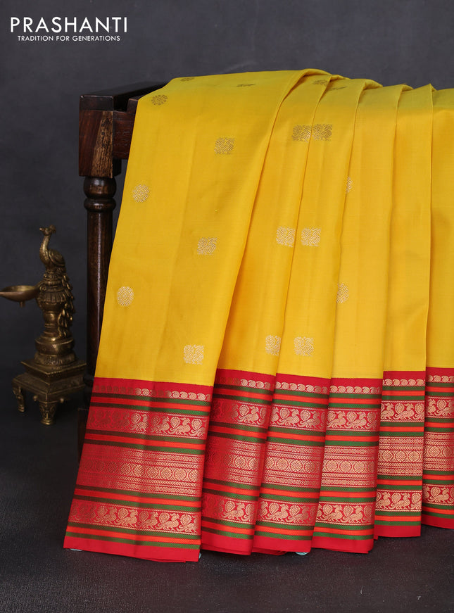 Pure kanchipuram silk saree yellow and red with zari woven buttas and long zari woven korvai border