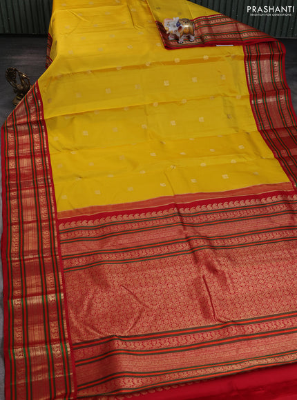 Pure kanchipuram silk saree yellow and red with zari woven buttas and long zari woven korvai border