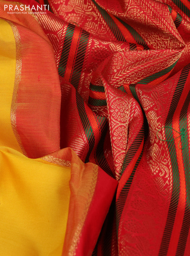 Pure kanchipuram silk saree yellow and red with zari woven buttas and long zari woven korvai border