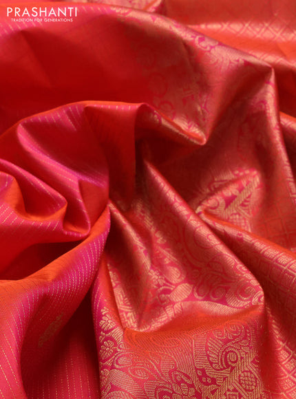 Pure kanchipuram silk saree dual shade of pinkish orange with allover zari weaves & buttas and long zari woven border
